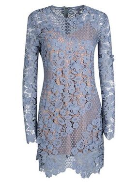 Self-Portrait | Long Sleeve Guipure Lace Mini in Blue Grey UK 10/US 6